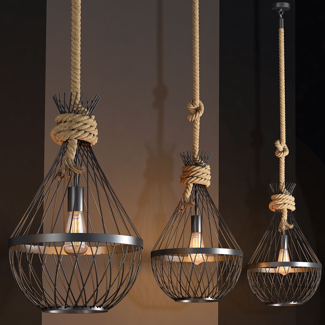 Black metal teardrop pendant lights with rope accents