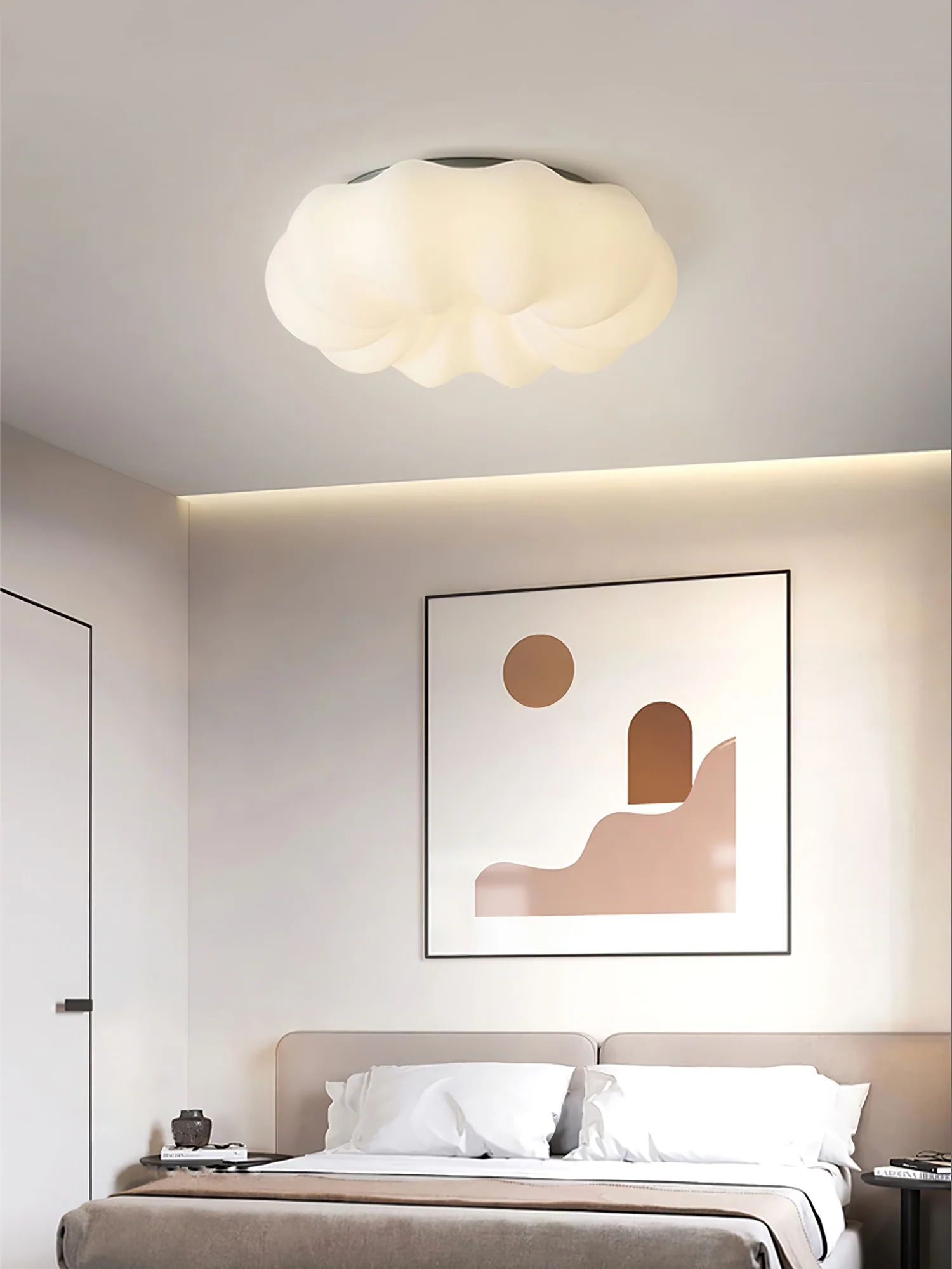 Quinn cloud ceiling lamp in bedroom with art