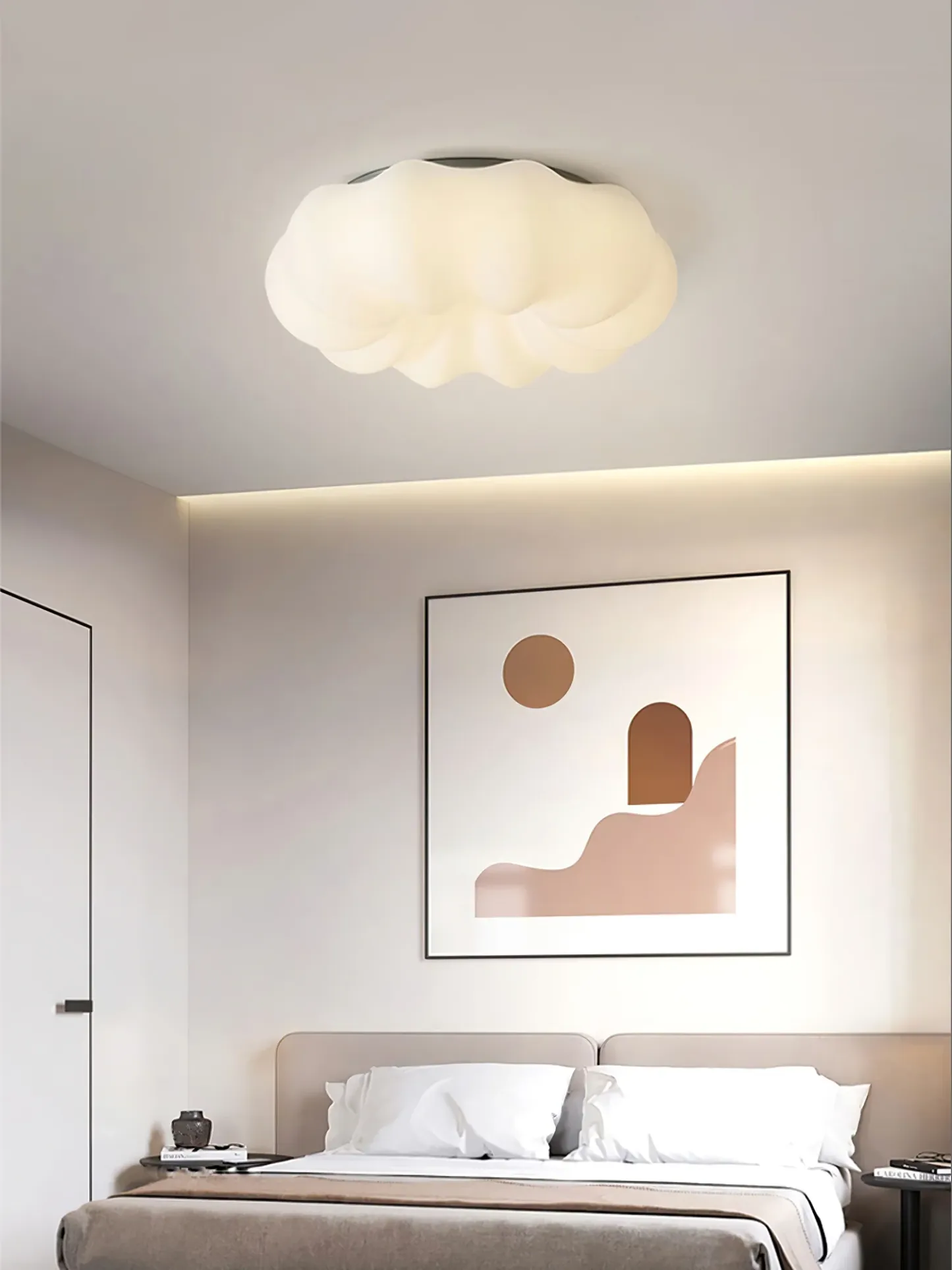 Quinn cloud ceiling lamp in bedroom with art