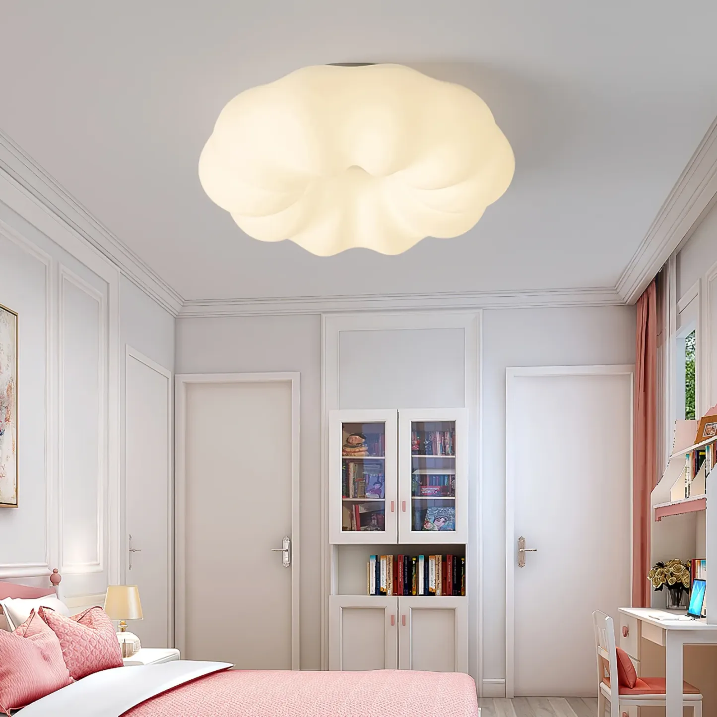 Bedroom illuminated by Quinn cloud ceiling lamp