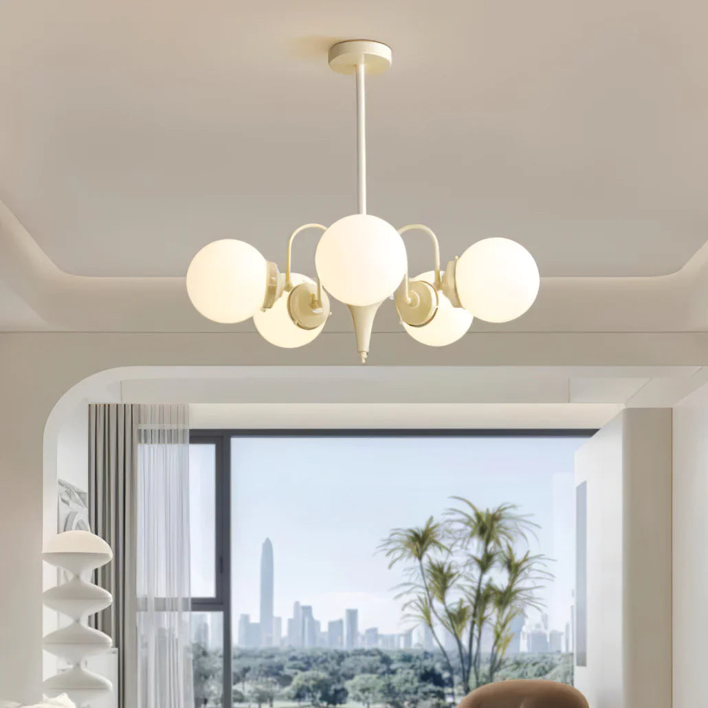 Valentina French chandelier in living room, white glass globe lights