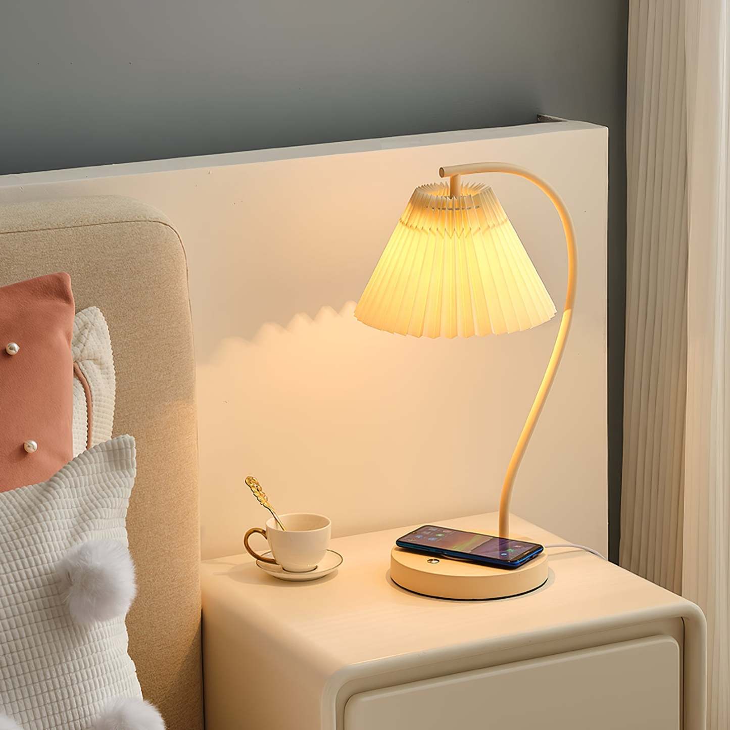 Nordic table lamp with wireless charger, nightstand decor