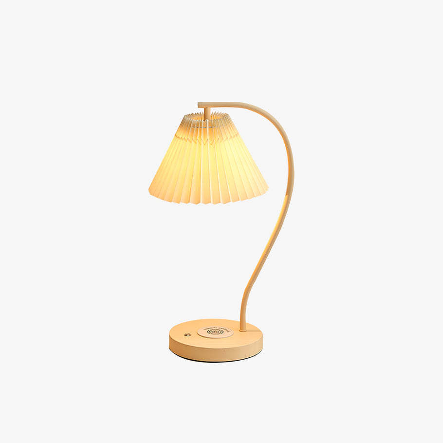 Sano Nordic Curved Ceramic Fabric Table Lamp, pleated shade, curved arm, for bedroom or living room