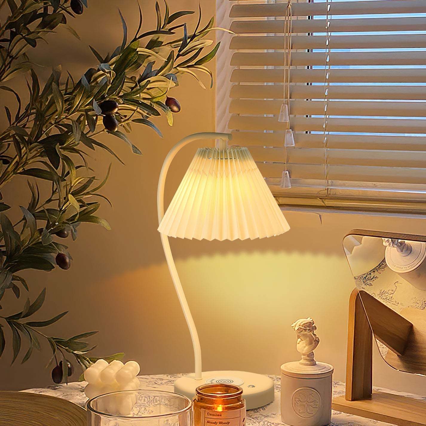 Nordic style table lamp in a bedroom, with olive branches decor, ambient lighting