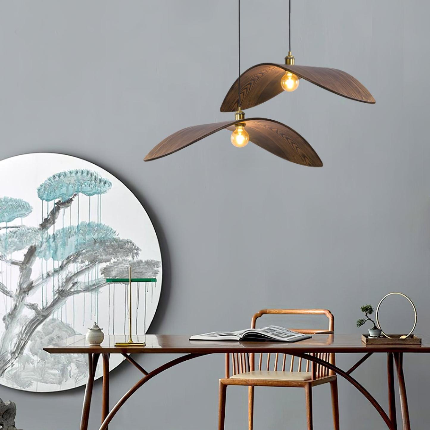 Ozawa wood pendant lights in modern room. Ozawa Curved Art Pendant Light, Metal & Wood