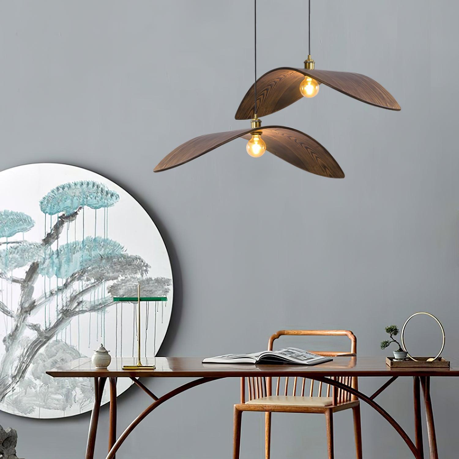 Ozawa wood pendant lights in modern room. Ozawa Curved Art Pendant Light, Metal & Wood