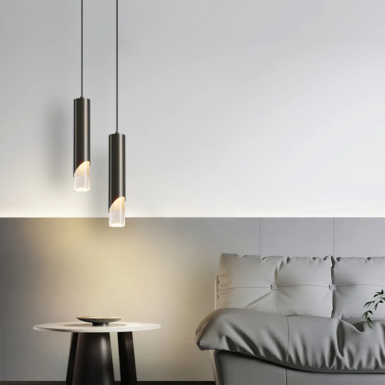 Modern cylinder pendant lights above bedroom setting, Meza Style