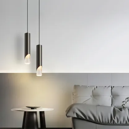 Modern cylinder pendant lights above bedroom setting, Meza Style