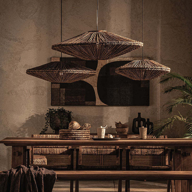 Rustic Rattan Pendant Light over wooden dining table