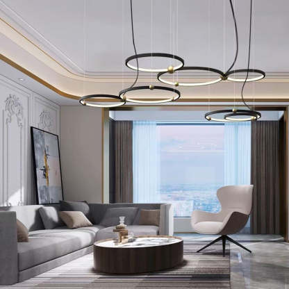 Arisha pendant light in modern living room. Ring chandelier lighting.
