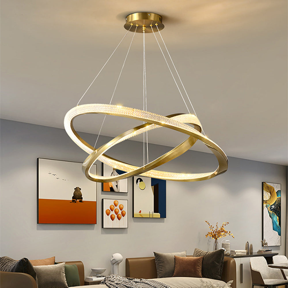 Arisha pendant light: spiral ring design in living room. Artistic lighting.