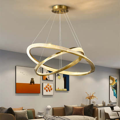 Arisha pendant light: spiral ring design in living room. Artistic lighting.