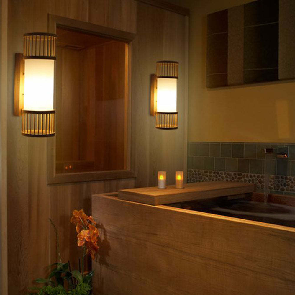 Ozawa rattan wall lamps in a rustic bathroom setting.
