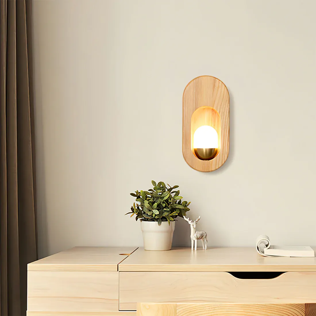 Ozawa Wood Wall Lamp on bedroom desk with decor