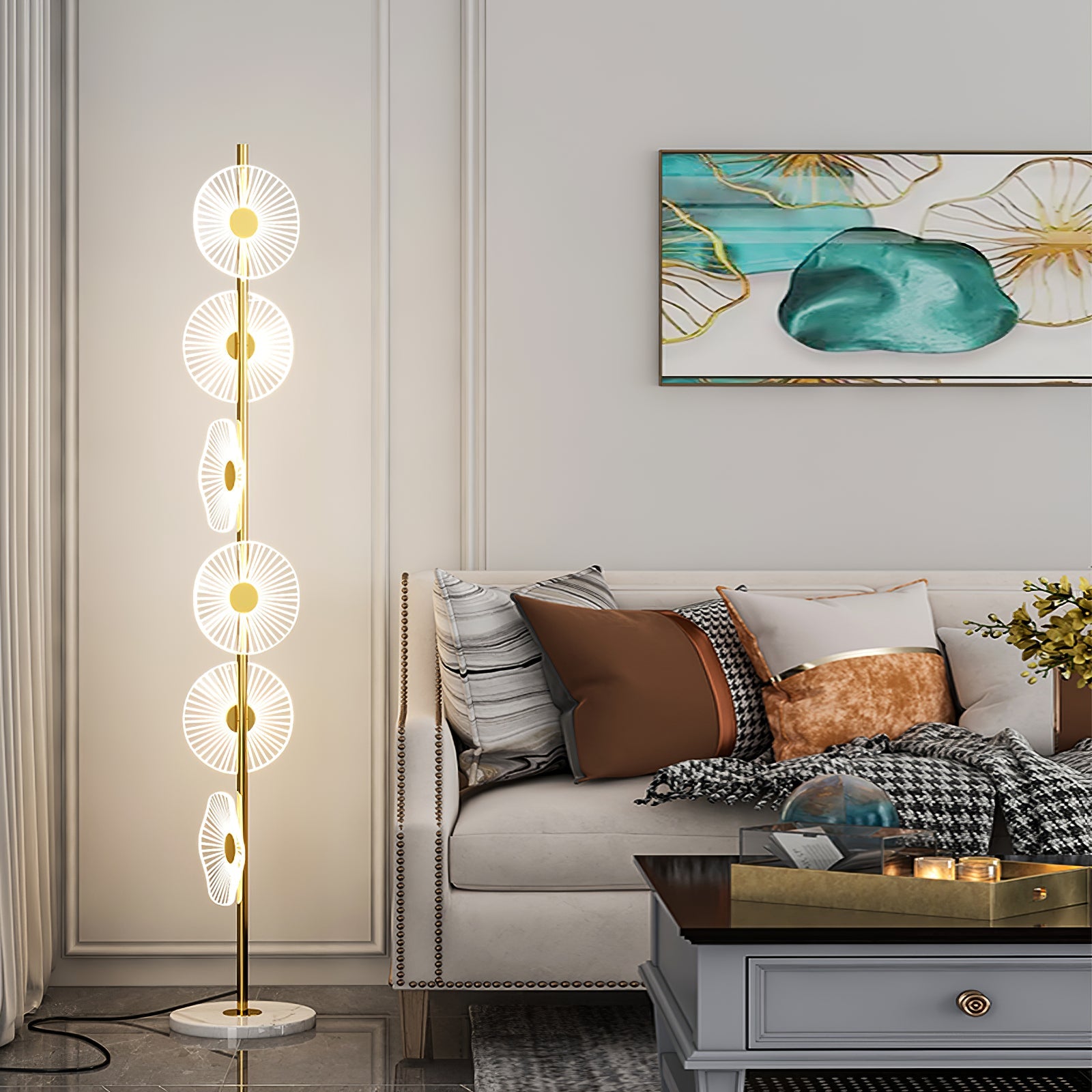 Modern floor lamp in a living room.