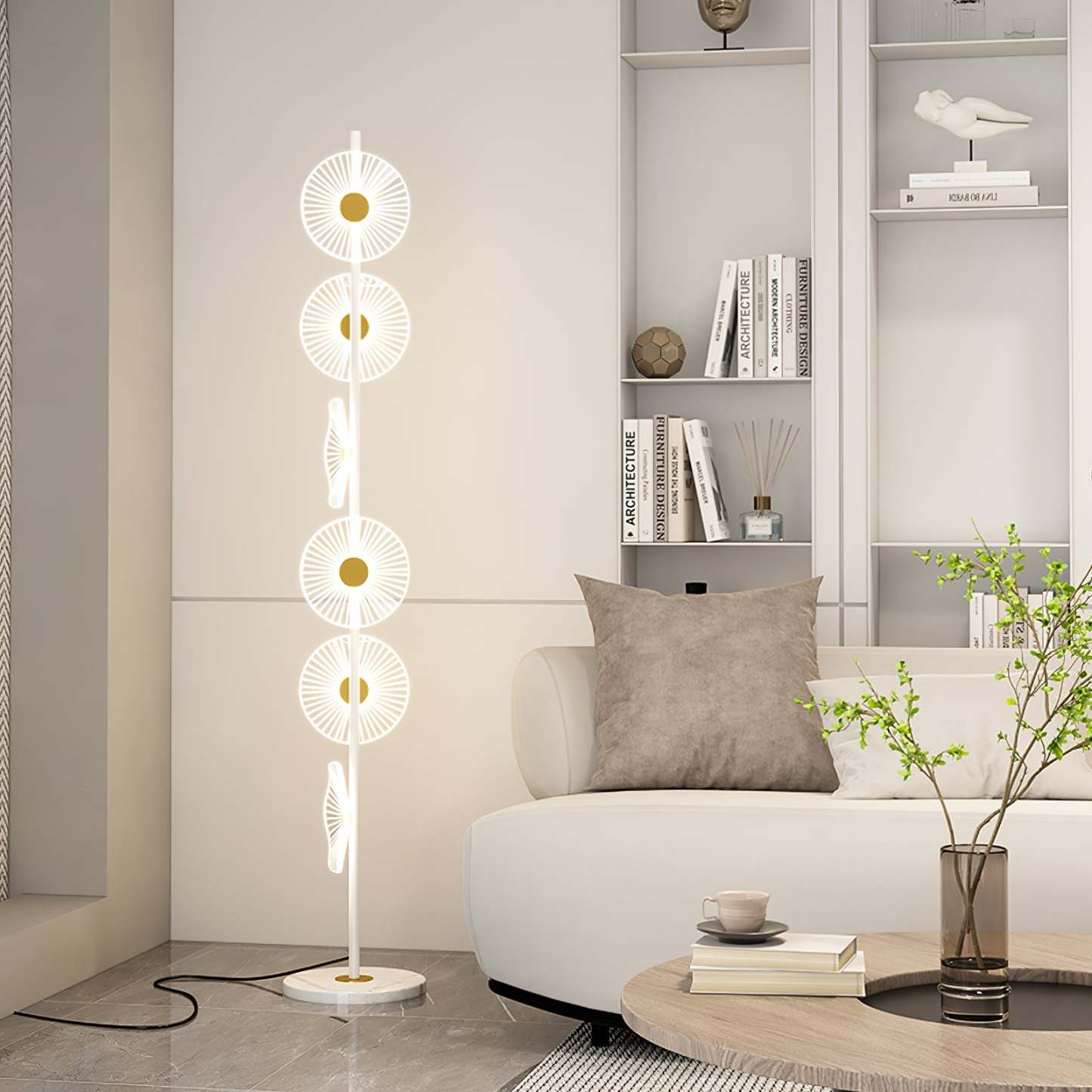 Modern Cairns Floor Lamp in Living Room, white and gold