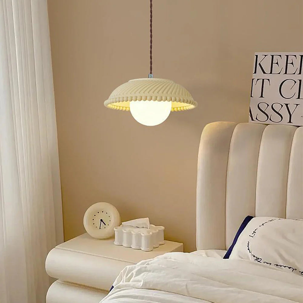 Elif Pendant Light over bed. Modern bedroom lighting.