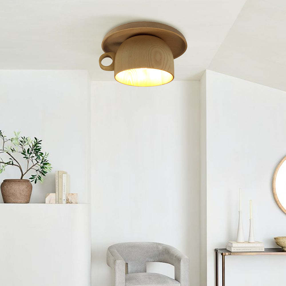 Modern wood cup ceiling light in a bright interior