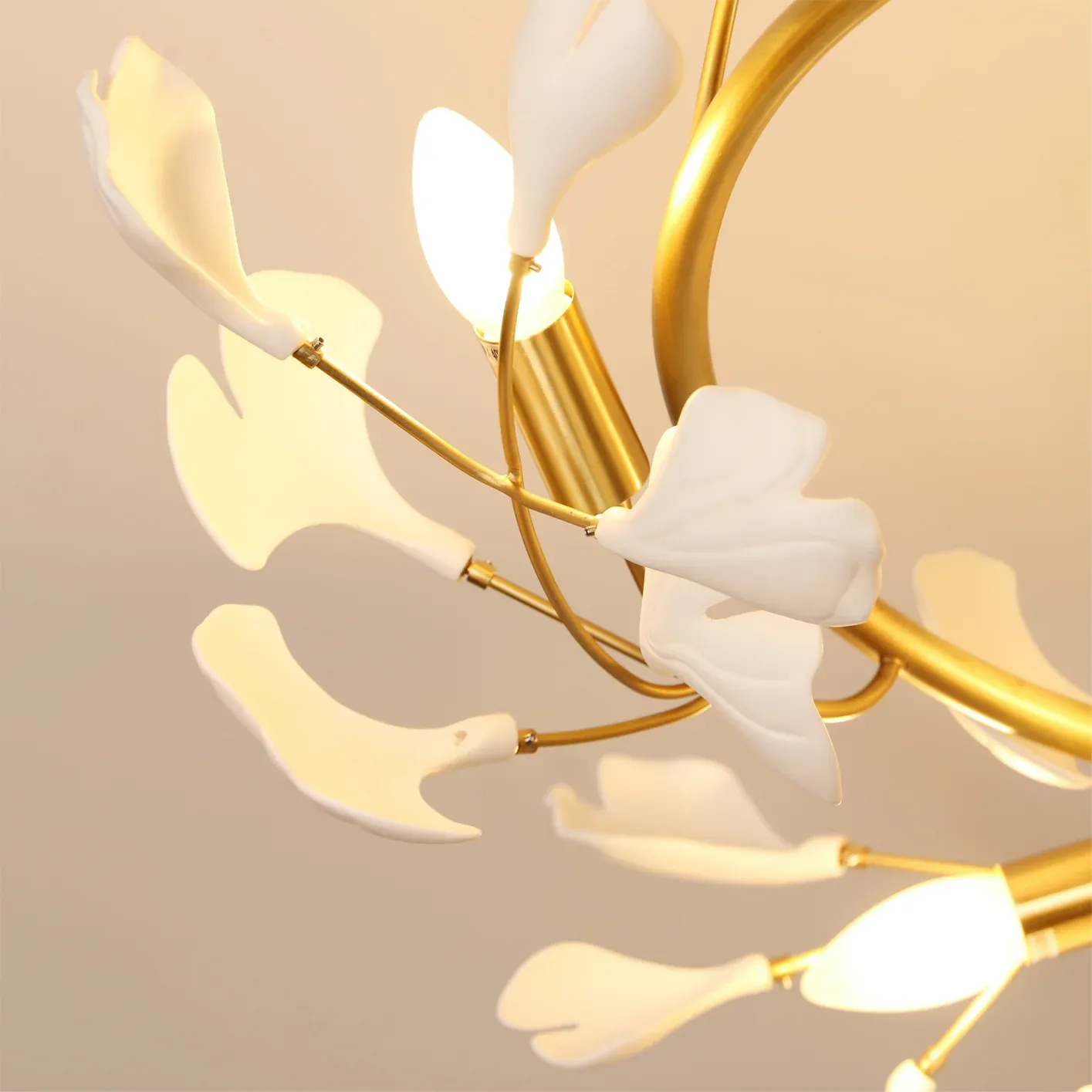 Gingko leaf ceiling lamp detail,brass and ceramic, Lassola