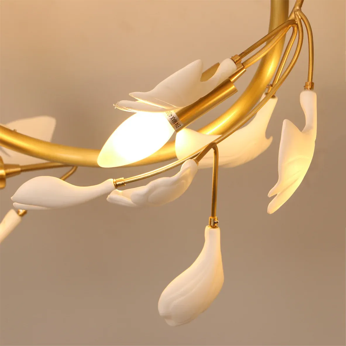 Olivia Gingko Ceiling Lamp Detail, Brass and Ceramic Shades