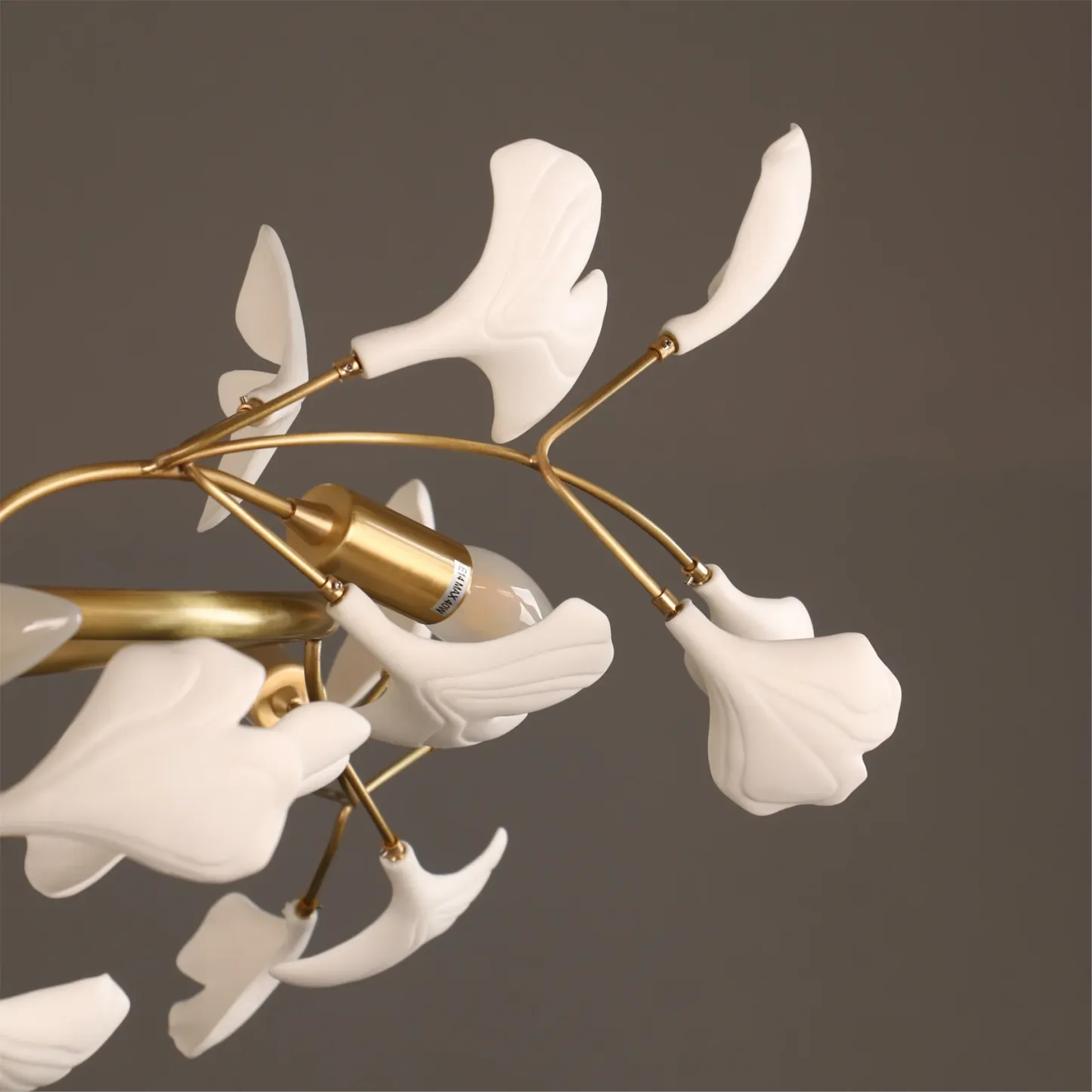 Gingko leaf ceiling lamp detail, brass and ceramic
