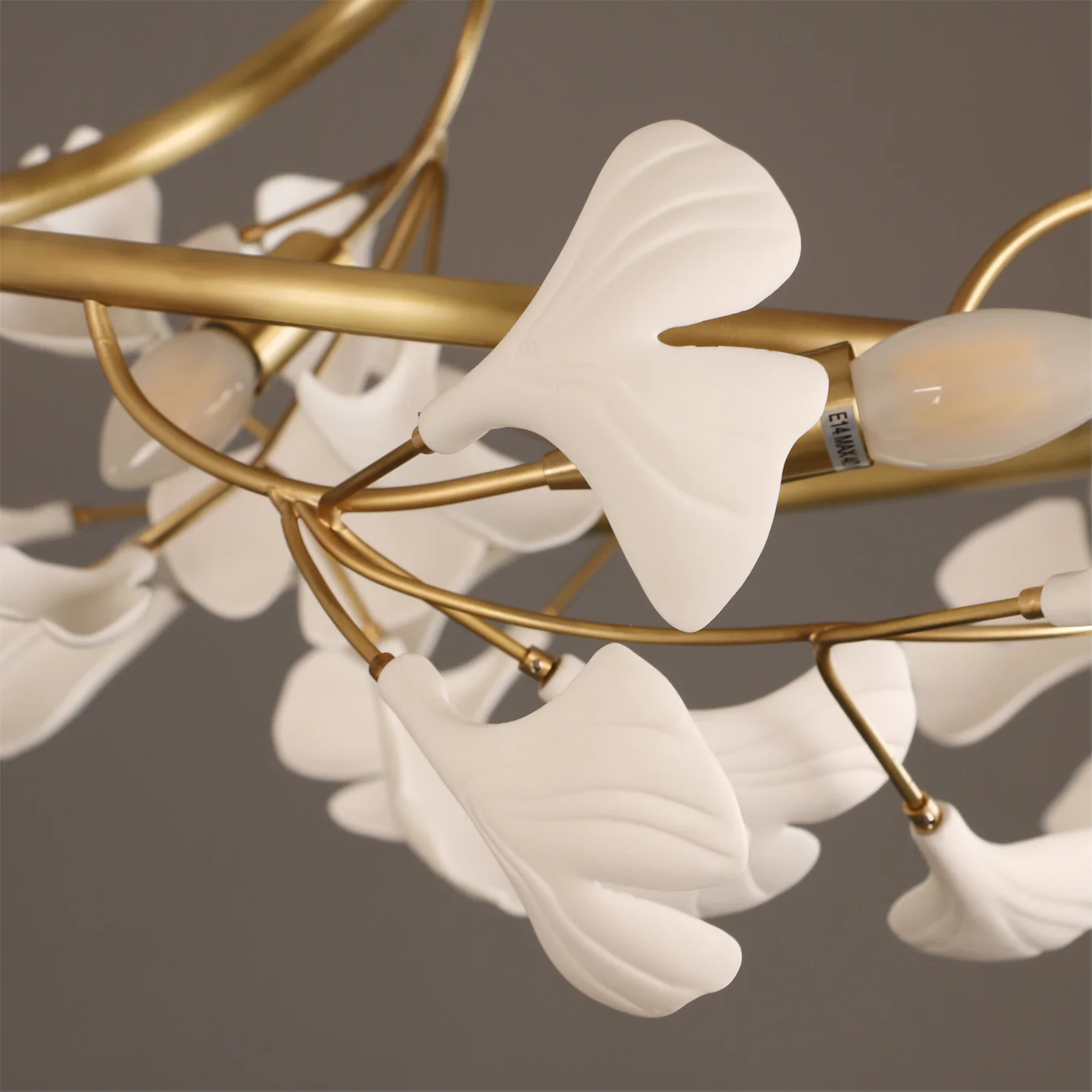 Olivia Gingko Ceiling Lamp Detail, Brass and Ceramic