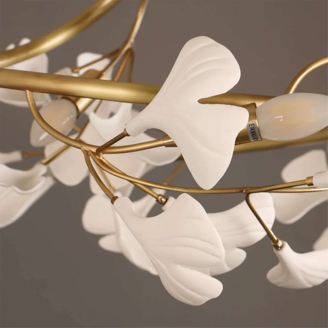 Olivia Gingko Ceiling Lamp Detail, Brass and Ceramic