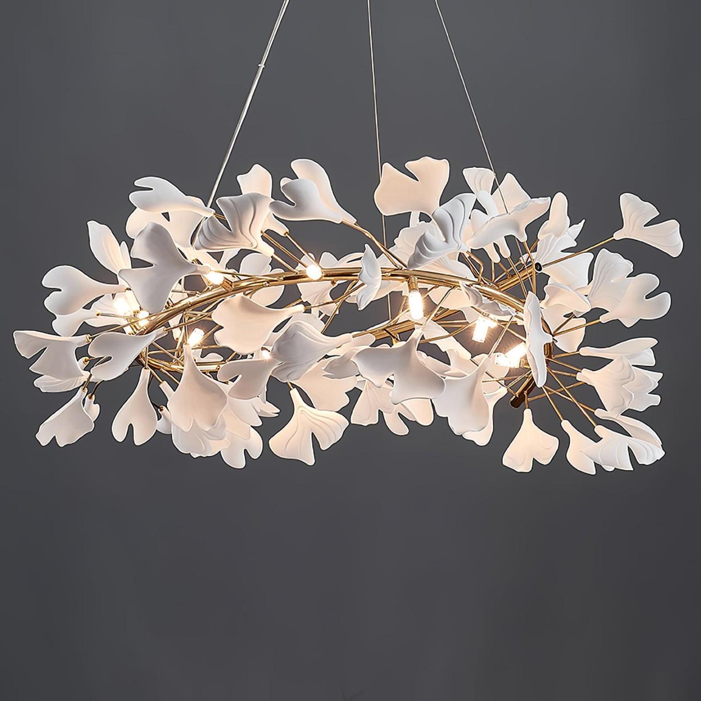 Olivia GinkLuxe Chandelier, white ceramic leaves, golden frame