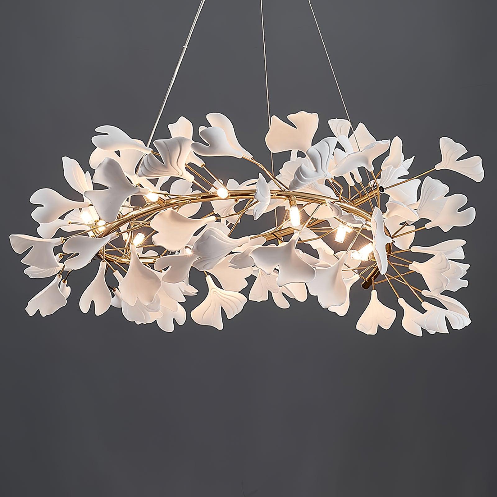 Olivia GinkLuxe Chandelier, white ceramic leaves, golden frame