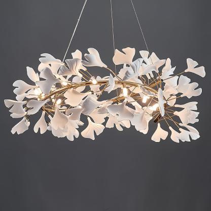Olivia GinkLuxe Chandelier, white ceramic leaves, golden frame