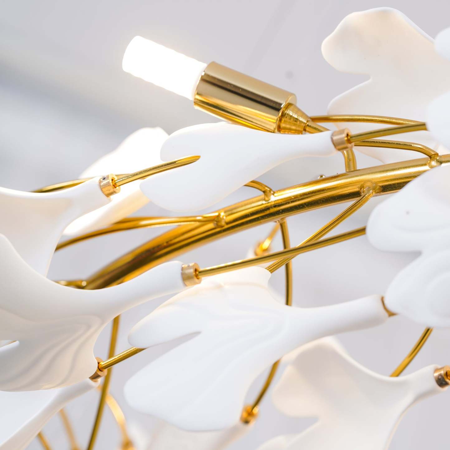 Olivia GinkLuxe Chandelier close-up, white and gold