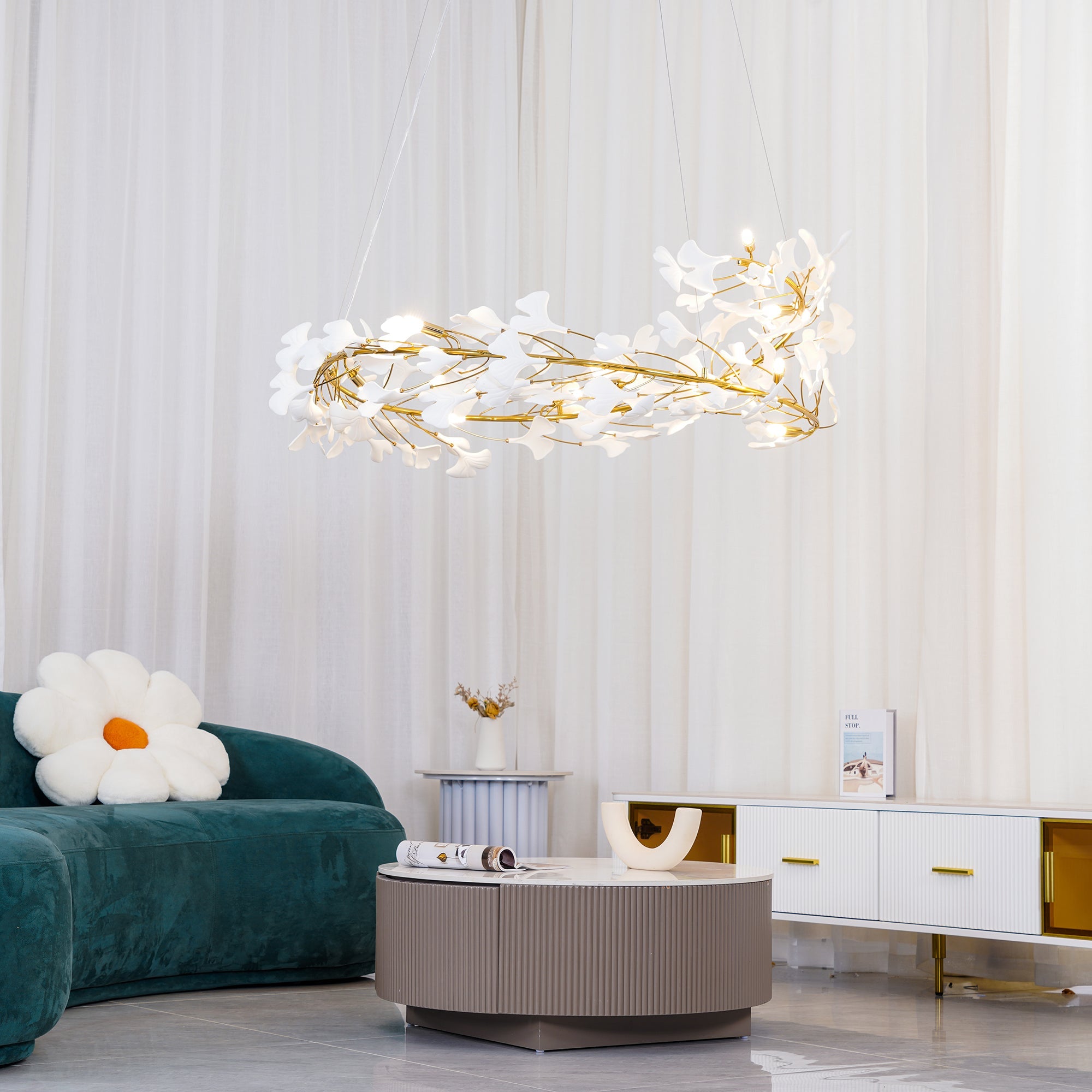 Modern living room with Olivia GinkLuxe Chandelier
