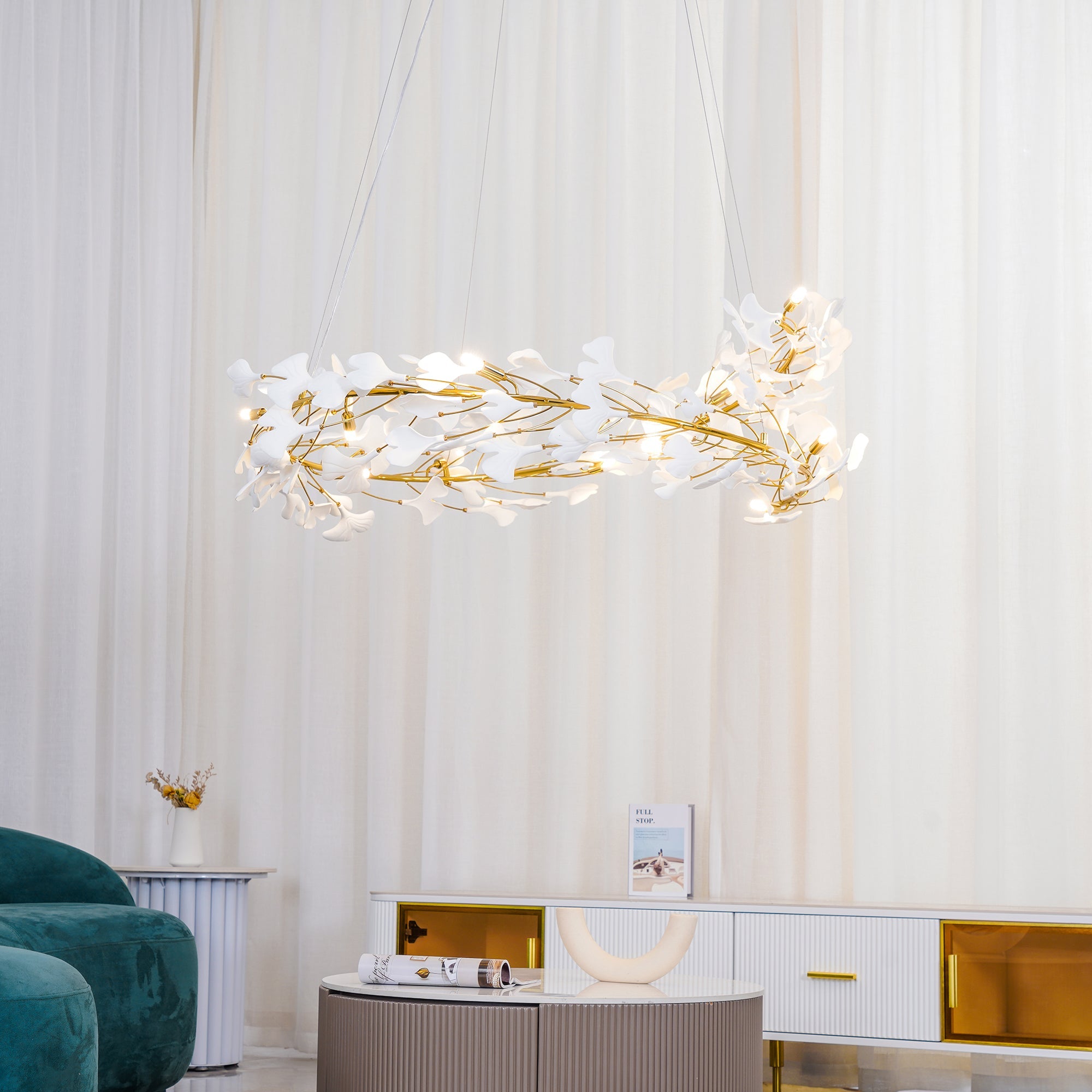 Modern living room with Olivia GinkLuxe chandelier