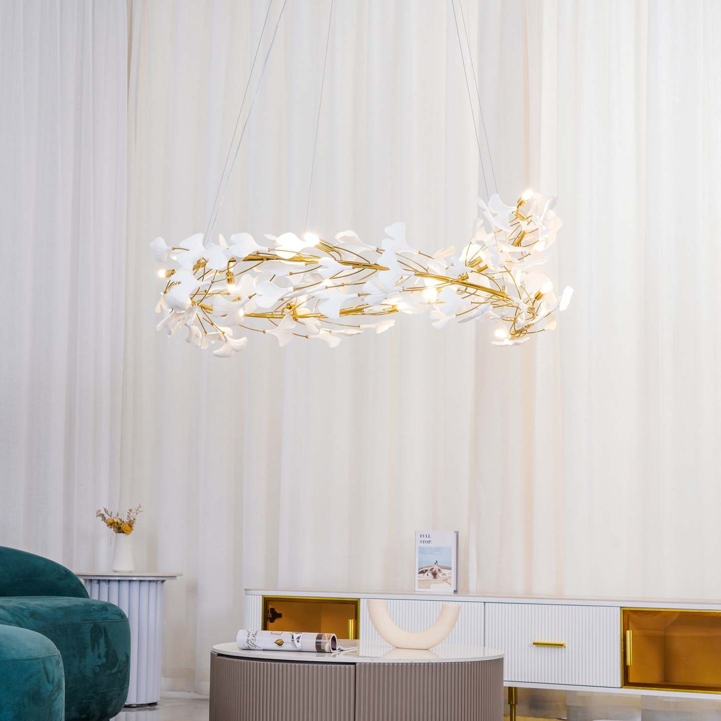 Modern living room with Olivia GinkLuxe chandelier