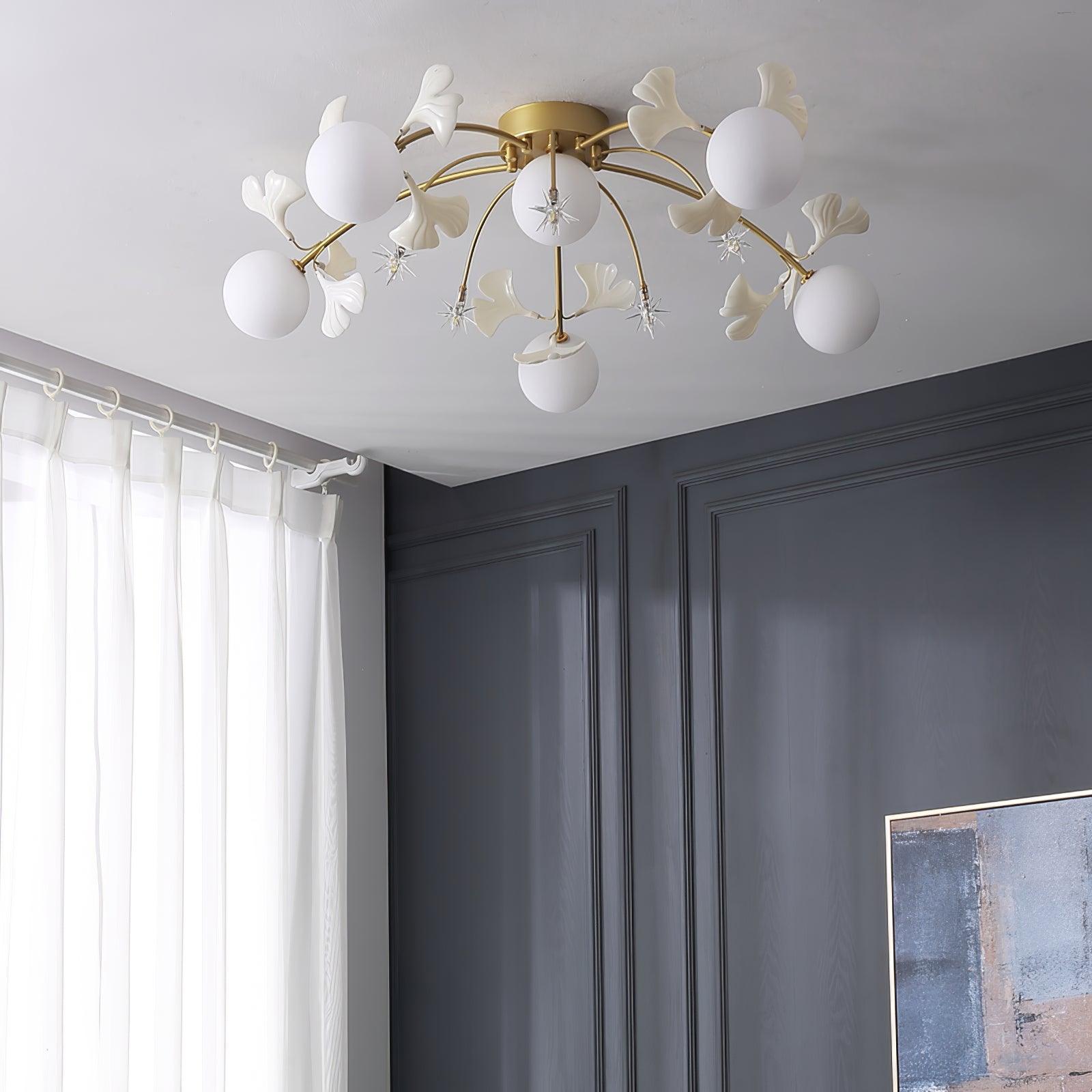 Olivia Nordic Ceiling Light in bedroom, ginkgo leaf detail