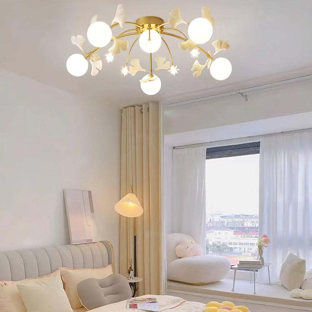 Olivia Nordic Ceiling Light in Bedroom, ginkgo leaf design