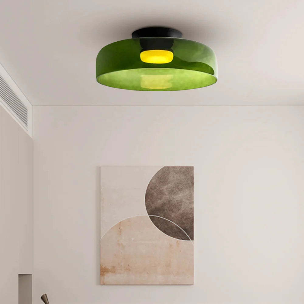 Green Glass Flush Mount Ceiling Light in Modern Interior