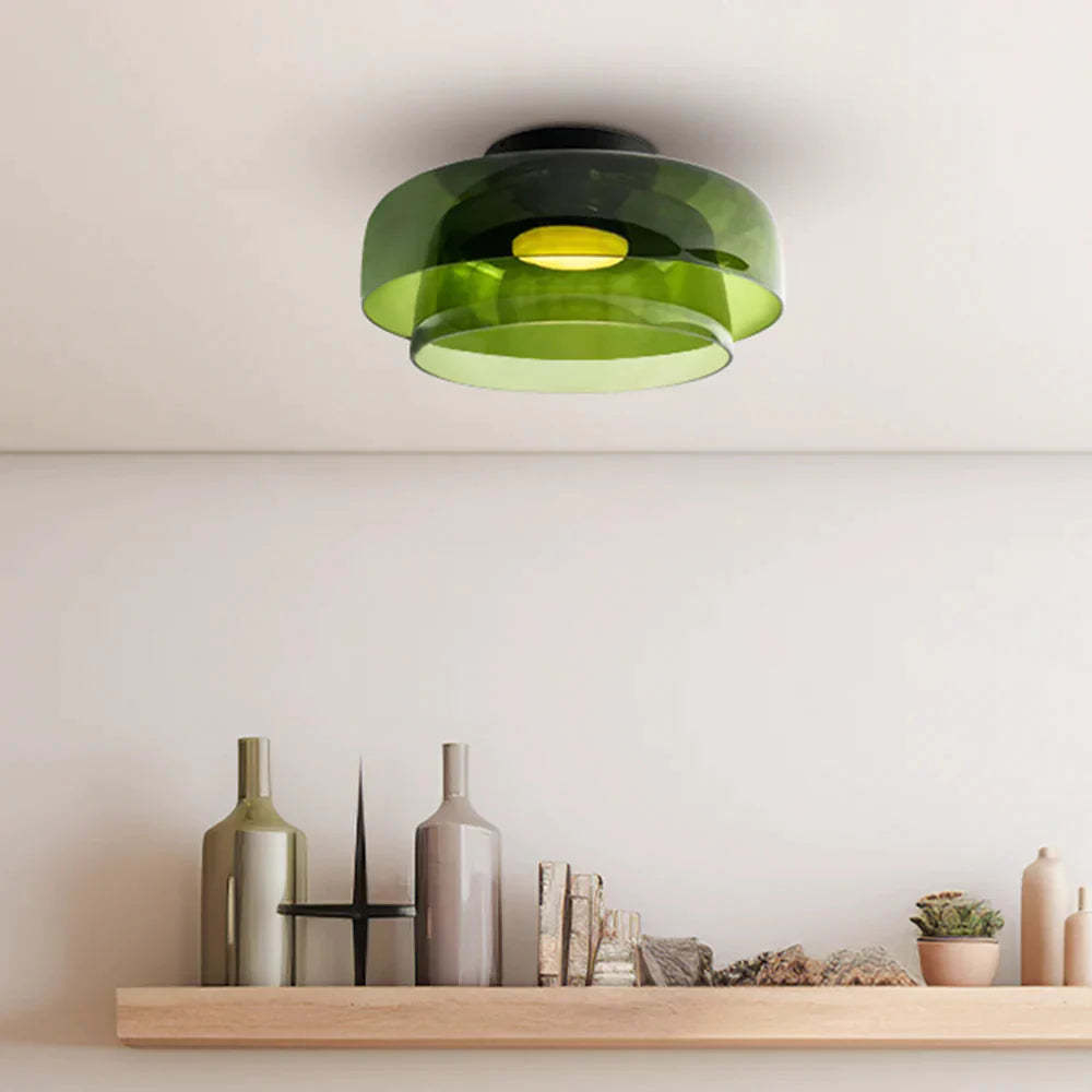 Green Glass Flush Mount Ceiling Light in Modern Interior