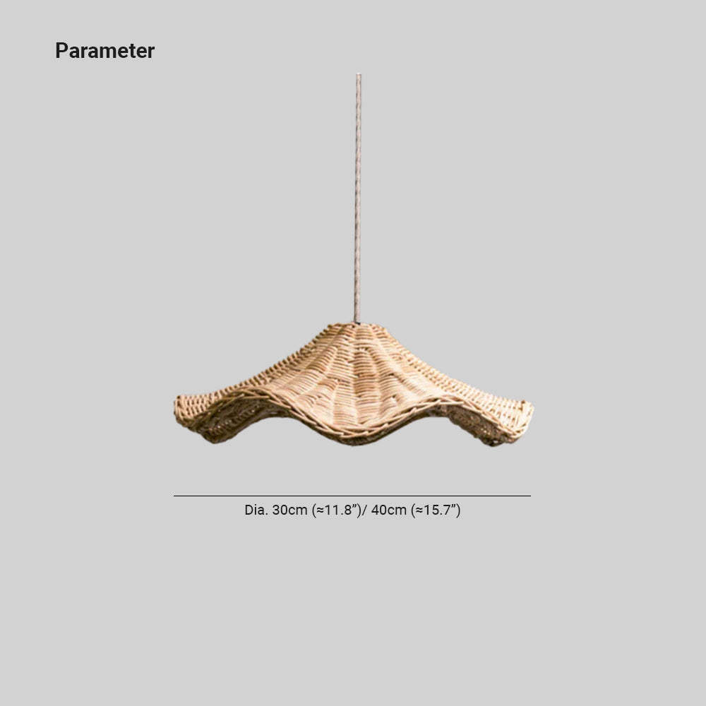 Ritta Classic Wave LED Rattan Pendant Light with Dimension Details