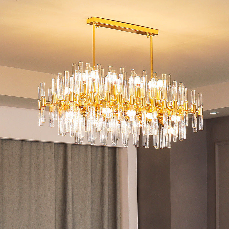 Kristy Chandelier, golden metal and glass chandelier, living room lighting.