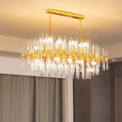 Kristy Chandelier, golden metal and glass chandelier, living room lighting.
