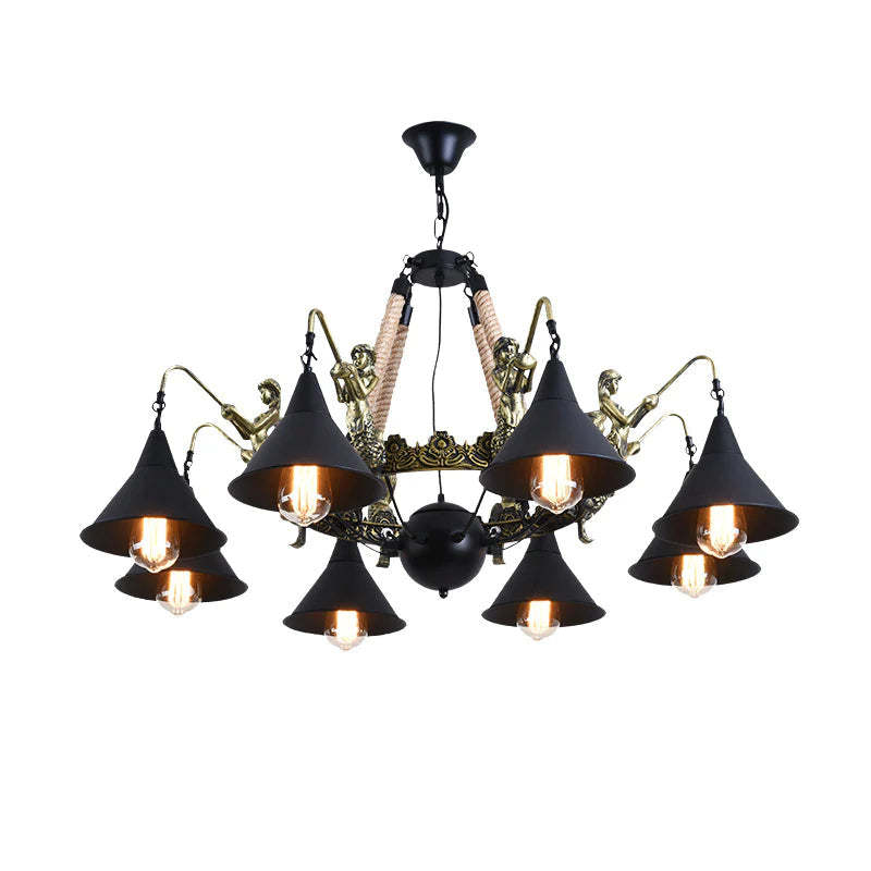 Epoch Vintage Trumpet Chandelier - Black Metal, Rope Design