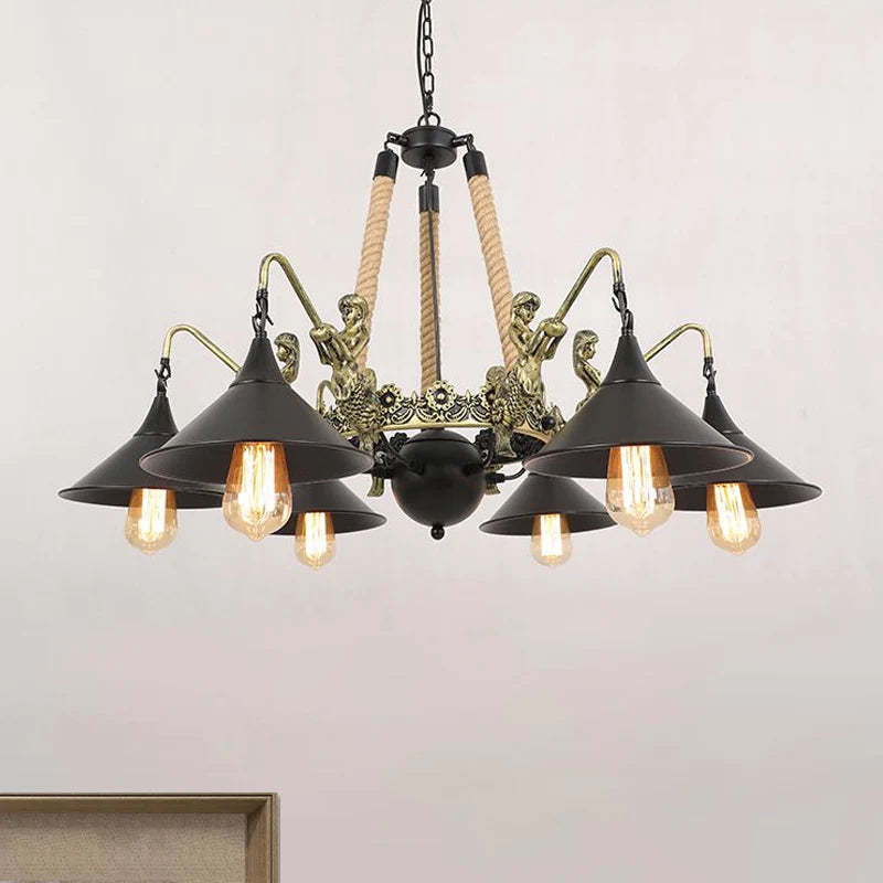Vintage Trumpet Chandelier with Black Metal and Rope Details
