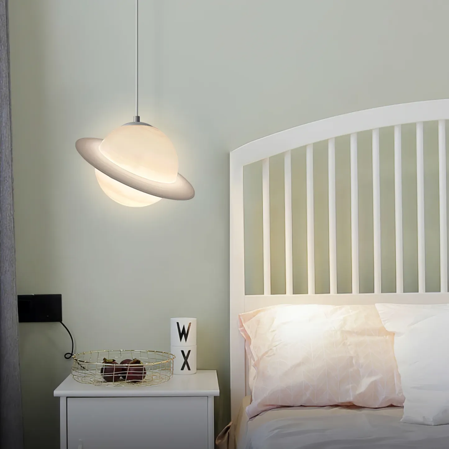 Hailie Jupiter Pendant Light in bedroom with white bed