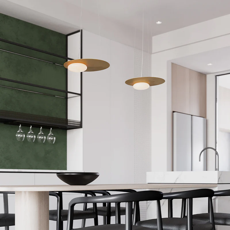 Modern pendant lights over dining table