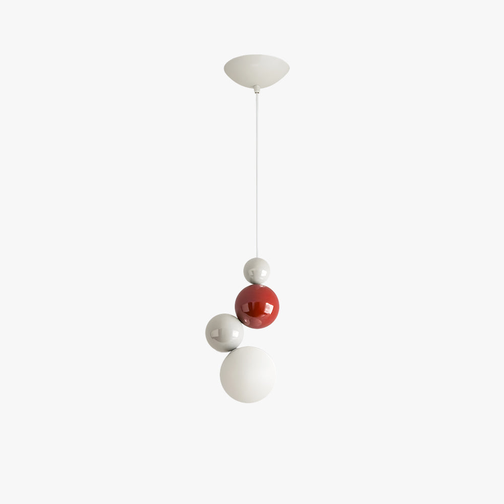 Hailie Pendant Light, vertical metal design with red, white, and grey orbs