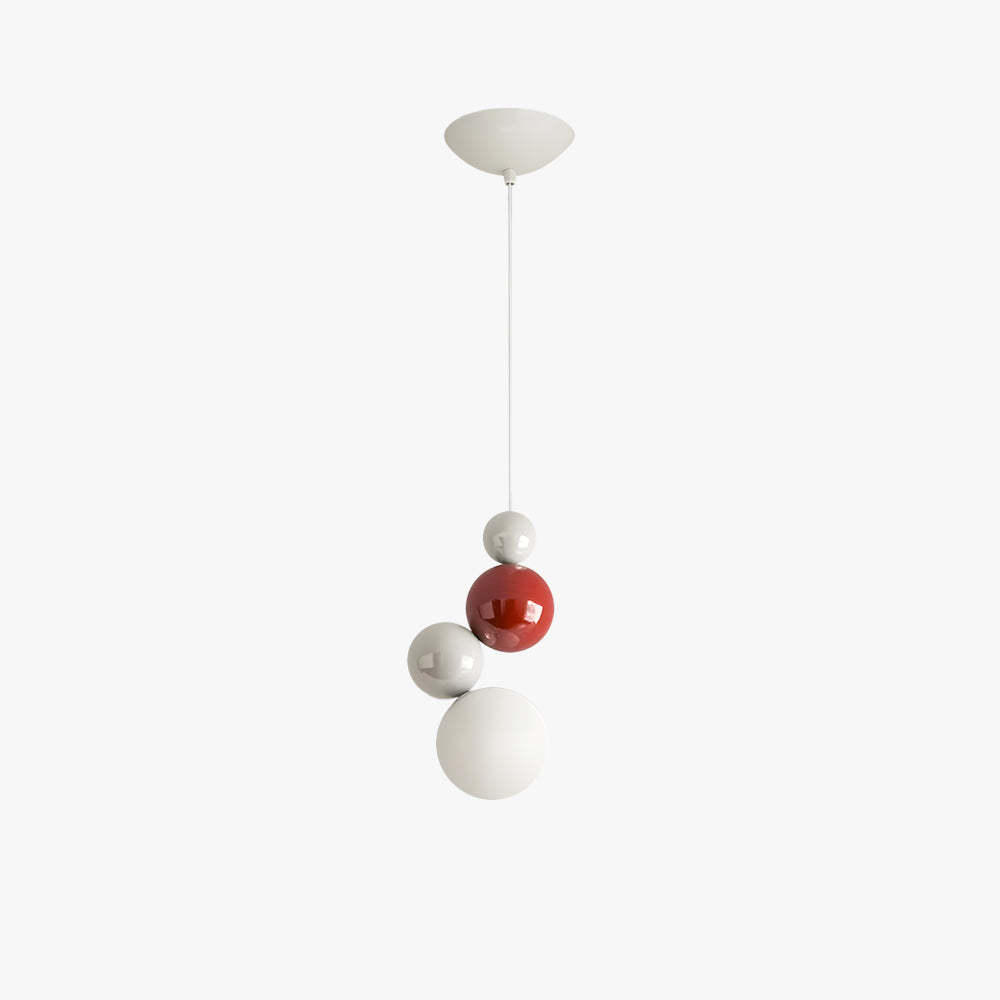Hailie Pendant Light, vertical metal design with red, white, and grey orbs