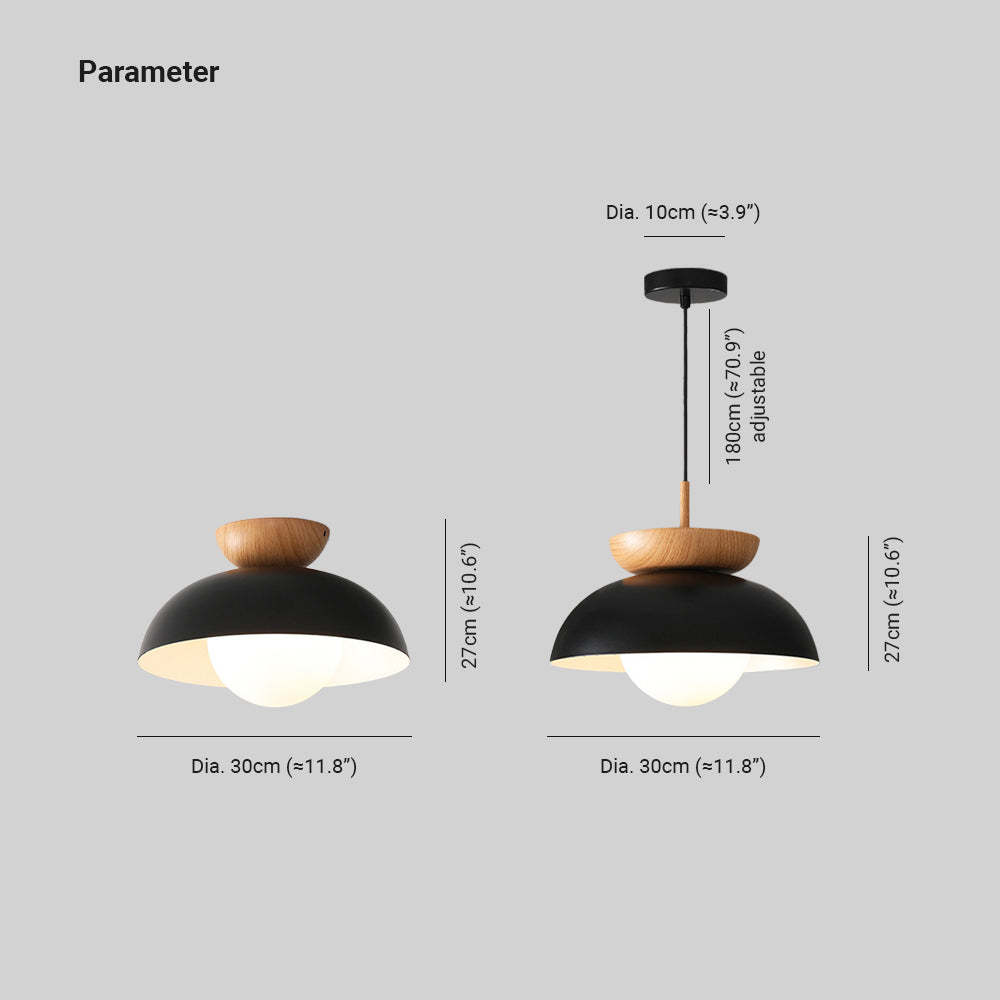Ozawa Pendant Light dimensions, black metal shade with wood details
