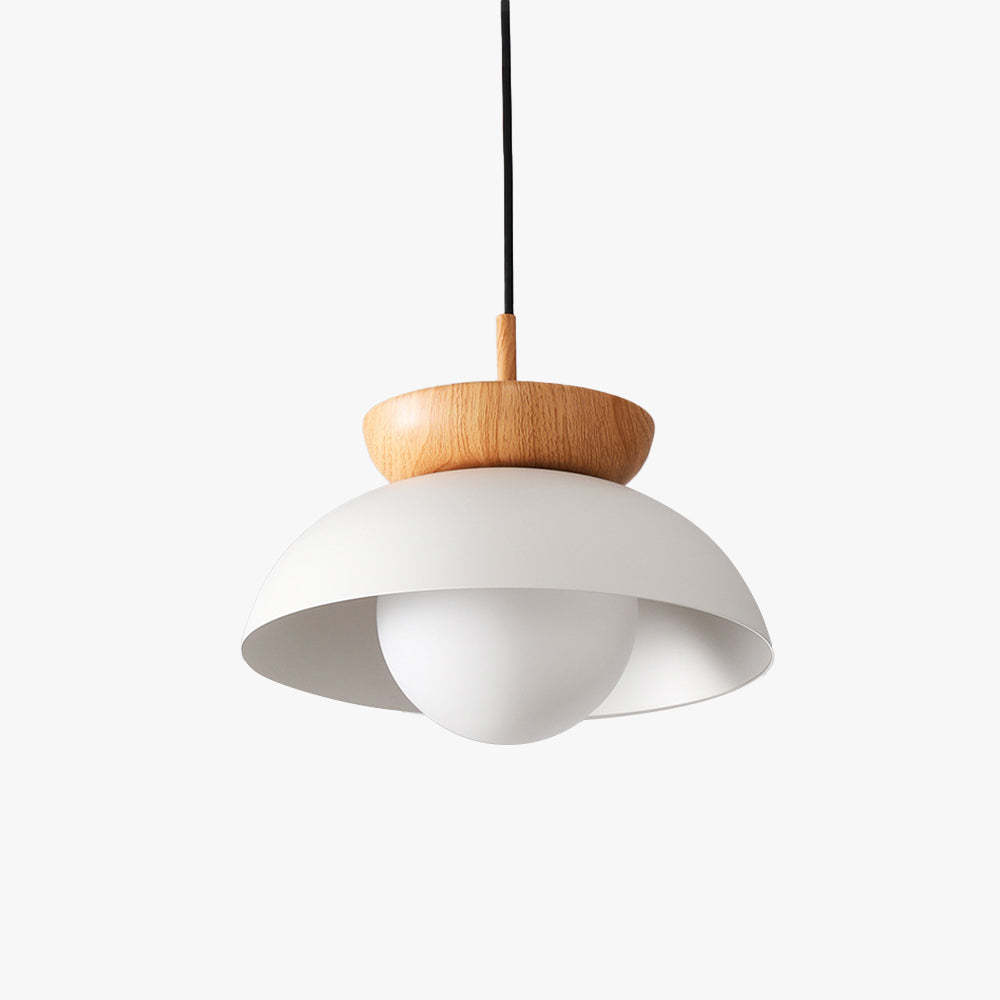 Ozawa Nordic Pendant Light, white metal shade with wood and glass details