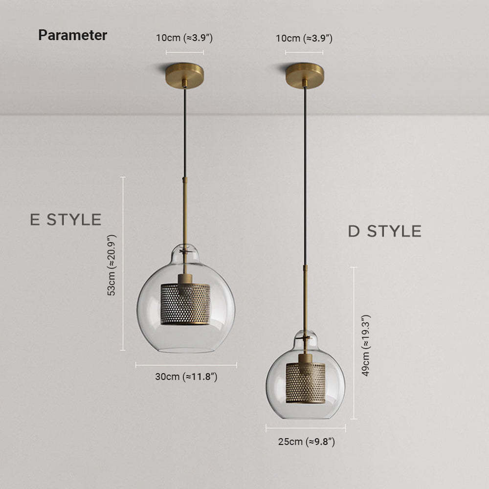 Oneal Pendant Light dimensions, E and D style, metal and glass